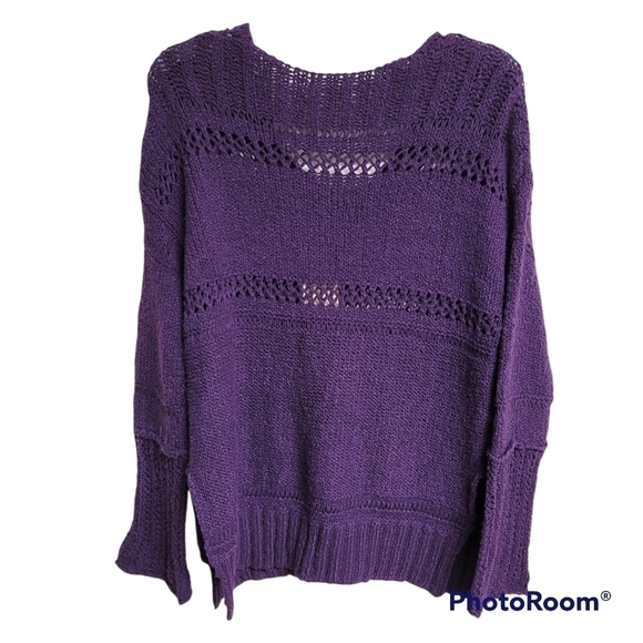 Elan Plum Purple Crochet Knit V-neck Sweater - Picture 2 of 6